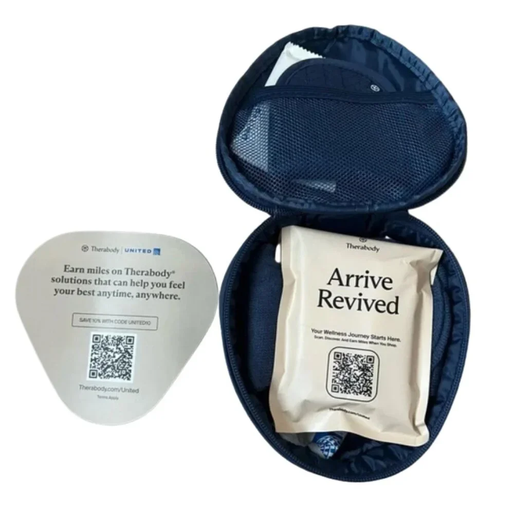 NEW, SEALED United Airlines Polaris Class Navy Blue Therabody Amenity Kit